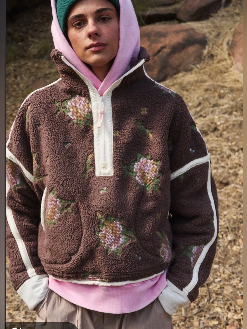 NWT FP Movement Mountain High Embroidered Half Zip Fleece